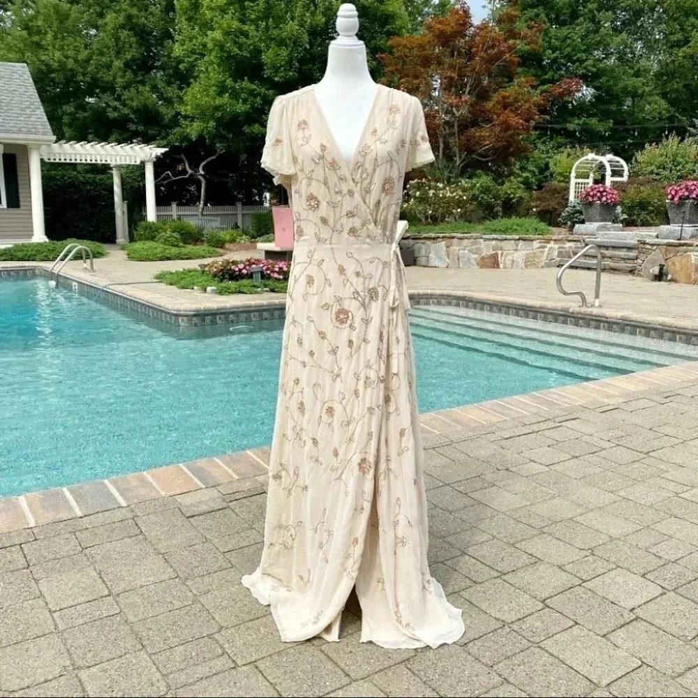 NWT BHLDN Plymouth Beaded Formal Maxi Wrap Dress OYSTER